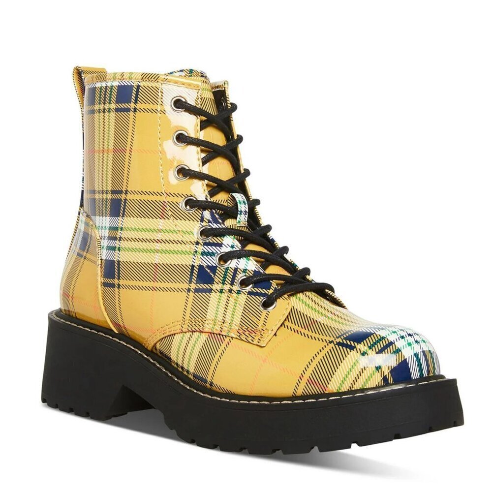 NEW Madden Girl Carra Plaid Faux Patent Leather Lug Sole Combat Lace-up Boots
